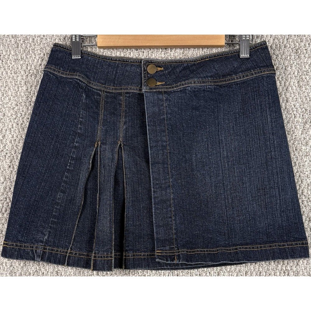 Mixit Y2K Denim Wrap Mini Skirt Dark Wash Stretch Button Front 12